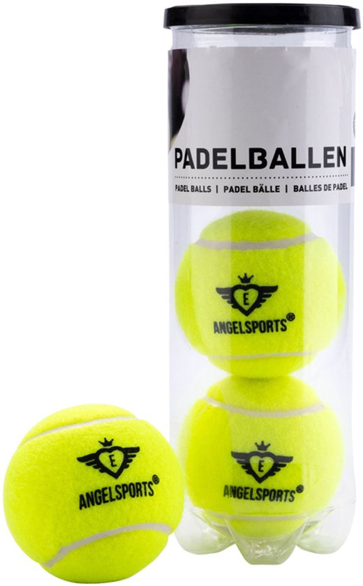 Padelballen van Angelsports met een kroonlogo, in een transparante koker met de tekst 'PADELBALLEN'.