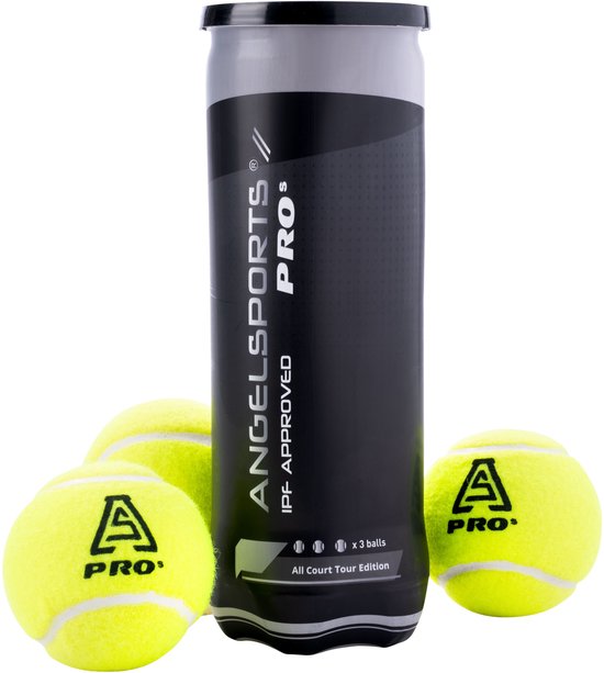 Tennisballen 'PROs' van Angelsports, goedgekeurd door de IPF, in een zwarte koker met de tekst 'All Court Tour Edition'.