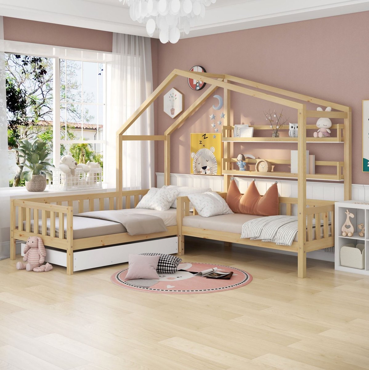 MEUNIQ kinderbed huisbed L-vorm 90x200 cm met extra slaapgedeelte 140x70 cm, bed met lade, opbergrekken, lattenbodem en hekje voor de kinderkamer, naturel