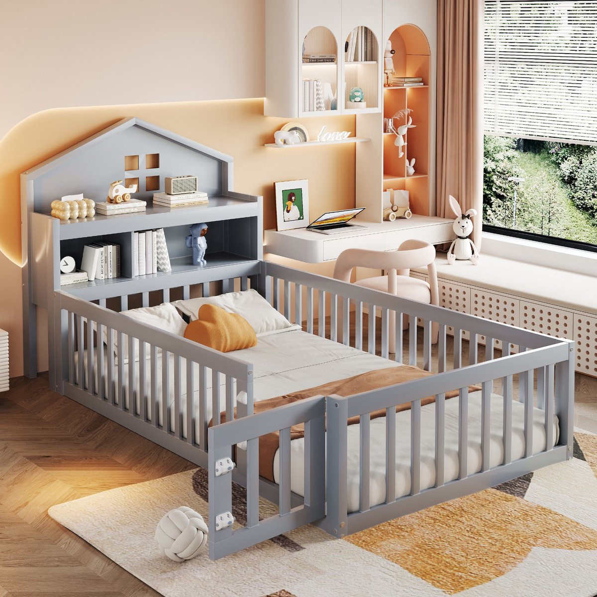 MEUNIQ kinderbed 90 x 200 cm in huisvorm met opbergvakken in hoofdbord, beschermhek, deur en lattenbodem, houten bedframe voor kinderkamer, grijs