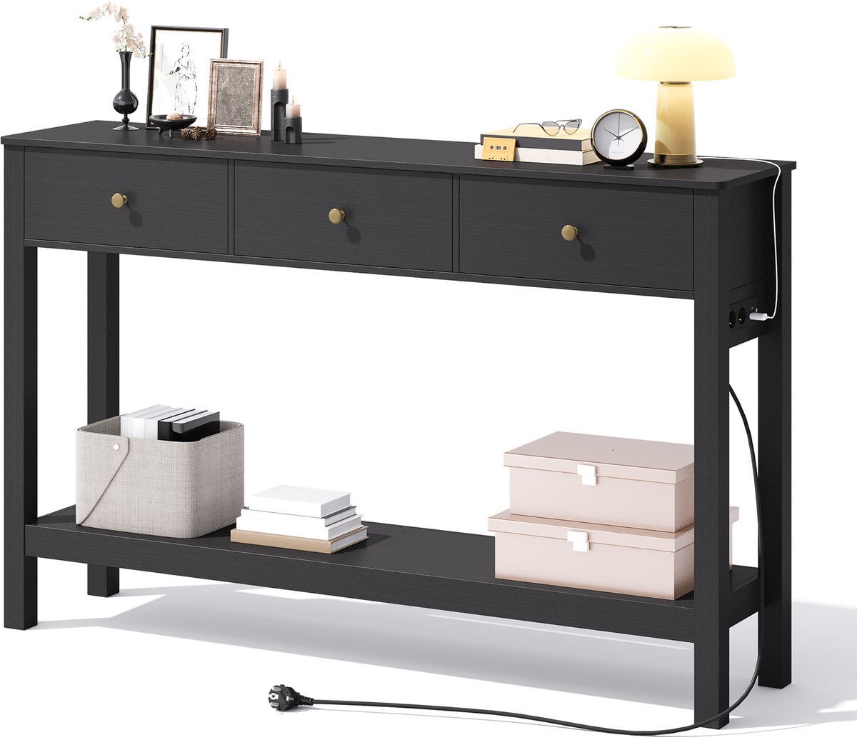 Xbro Consoletafel, Haltafel met 3 Lades en Opbergplank, Sidetable met EU-Stopcontact en USB,Zwart