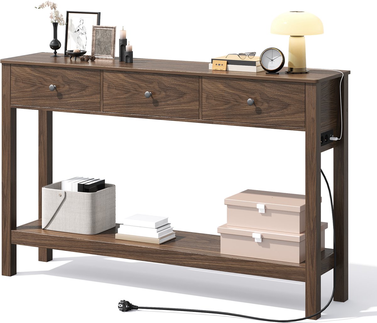 Xbro Consoletafel, Haltafel met 3 Lades en Opbergplank, Sidetable met EU-Stopcontact en USB,Retro