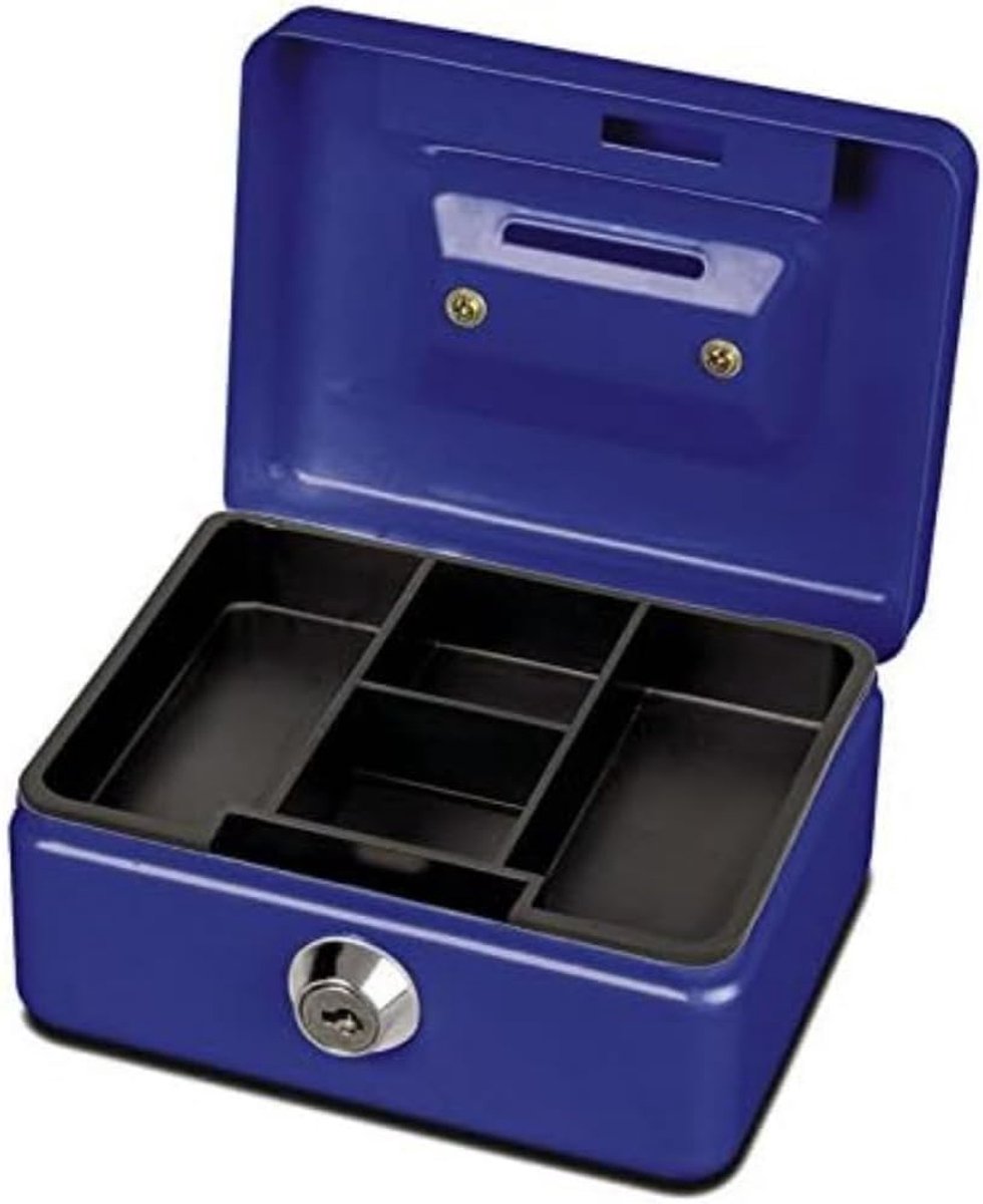 Geldcassette met muntinworp - Spaarpot kistje - Geld opbergen - Veiligheidscilinderslot - 125 x 95 x 60 mm - Blauw