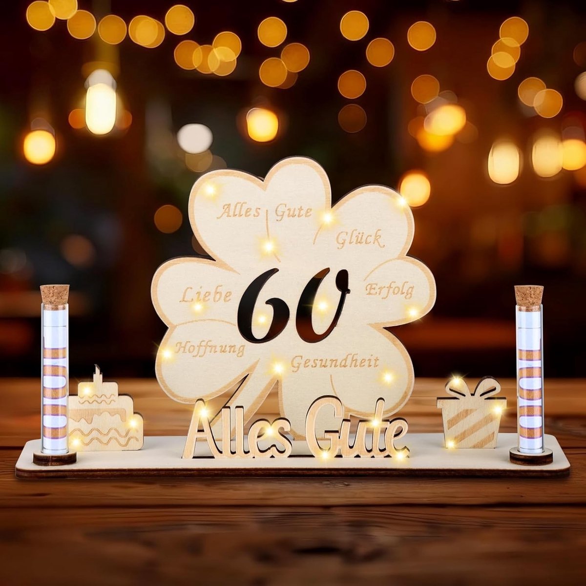 60 Geld Cadeaus voor Verjaardagen, Verjaardagsdecoratie met LED, Houten Clover Geluk voor Feestjes en Jubilea voor Mannen en Vrouwen