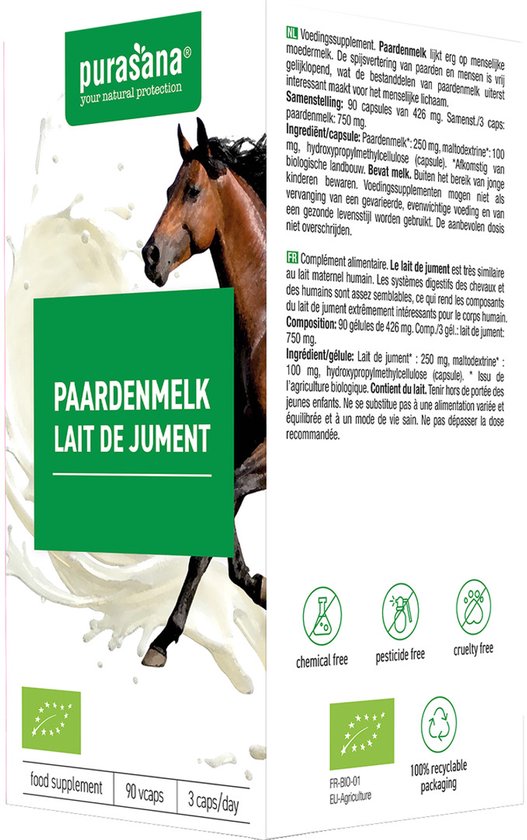 Doos met bruine paard in melk splash. 'Paardenmelk Lait de Jument' op groene band.