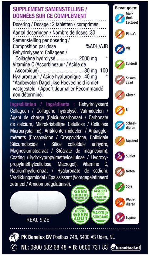 Ingrediëntenlijst en informatie over supplementen op de achterkant van de verpakking van Lucovitaal Super Collageen.