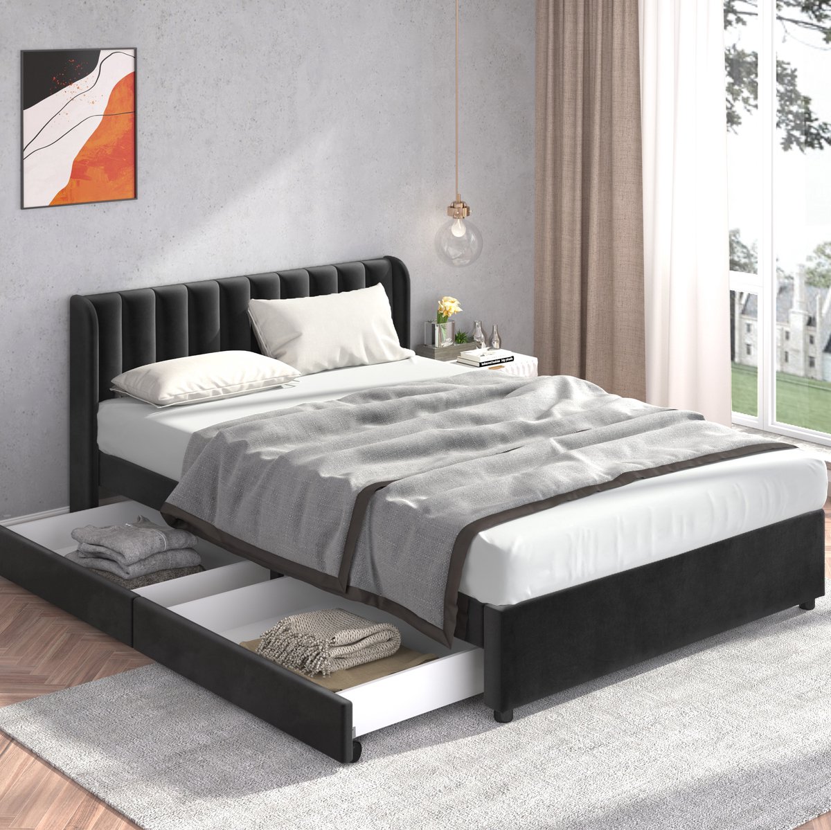 MEUNIQ bedframe 160 x 200 cm met lattenbodem, hoog hoofdbord en 2 lades, zwart velours tweepersoonsbed voor slaapkamer, zonder matras