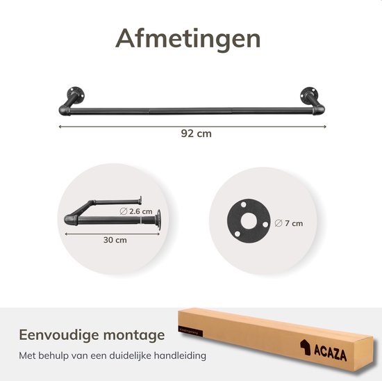 Afmetingen van de zwarte kledingstang met pijlen en maten, en afbeelding van de verpakking.