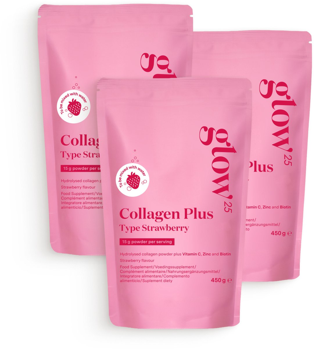 Glow25 Collagen Plus Type Strawberry [3x450g] – Hydrolysat de Collagène avec Vitamine C, Zinc et Biotine – Peptides Type 1 et 3