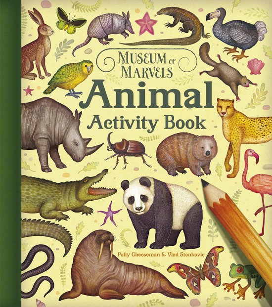 Boek 'Museum of Marvels: Animal Activity Book' met illustraties van dieren zoals een nijlpaard, olifant, panda, en flamingo.