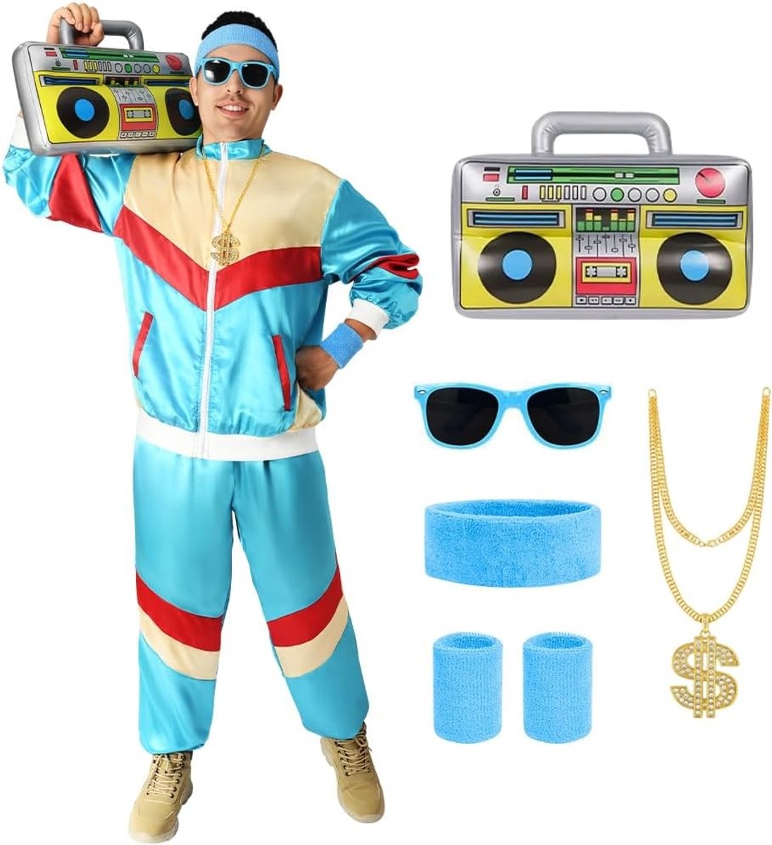 80s Kostuum voor Mannen en Vrouwen met Dollar Ketting en Opblaasbare Radio, Retro Tracksuit voor Carnaval, Halloween en Feestjes, Neon Outfit voor Cosplay