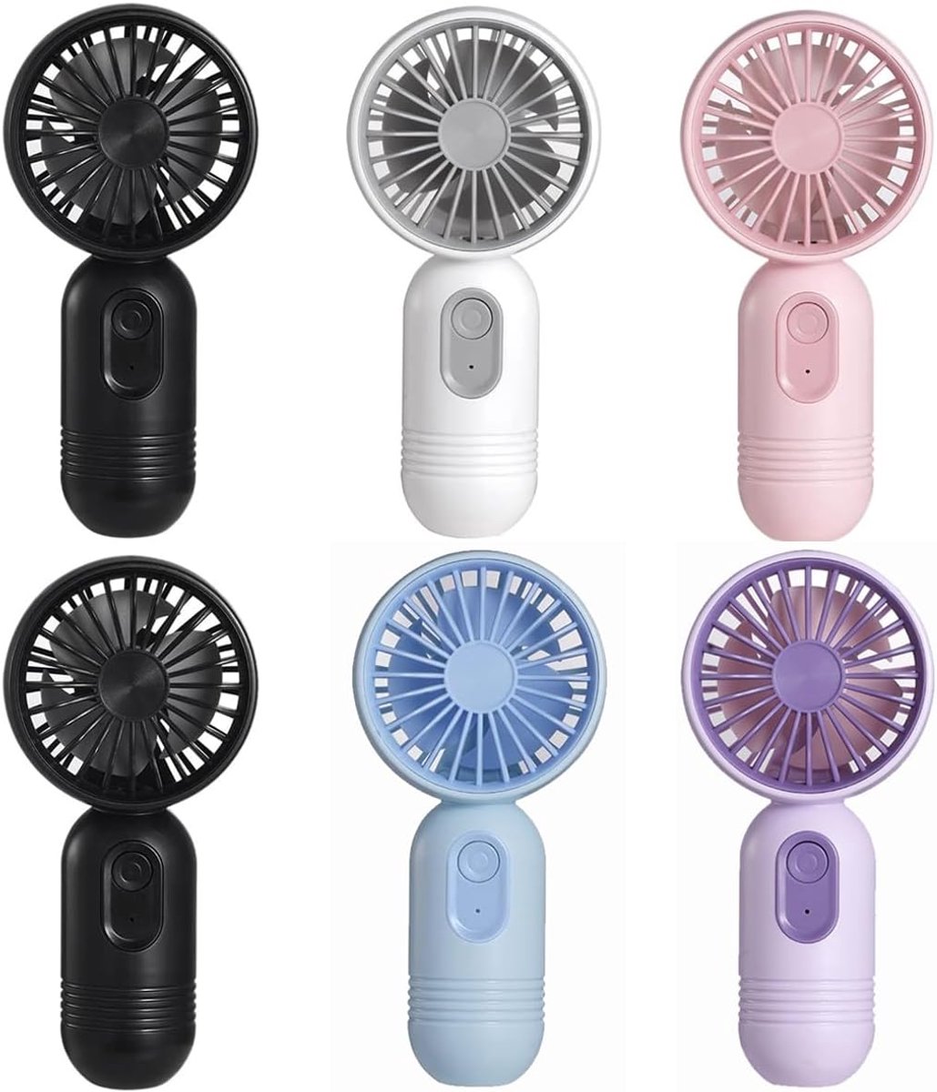 Mini draagbare ventilatoren, set van 6, schattige handventilatoren, op batterijen, lichtgewicht en draagbaar, 3 windsnelheden, USB oplaadbaar, wimperventilator, unisex, geschikt voor kantoor, buiten, reizen en kamperen.