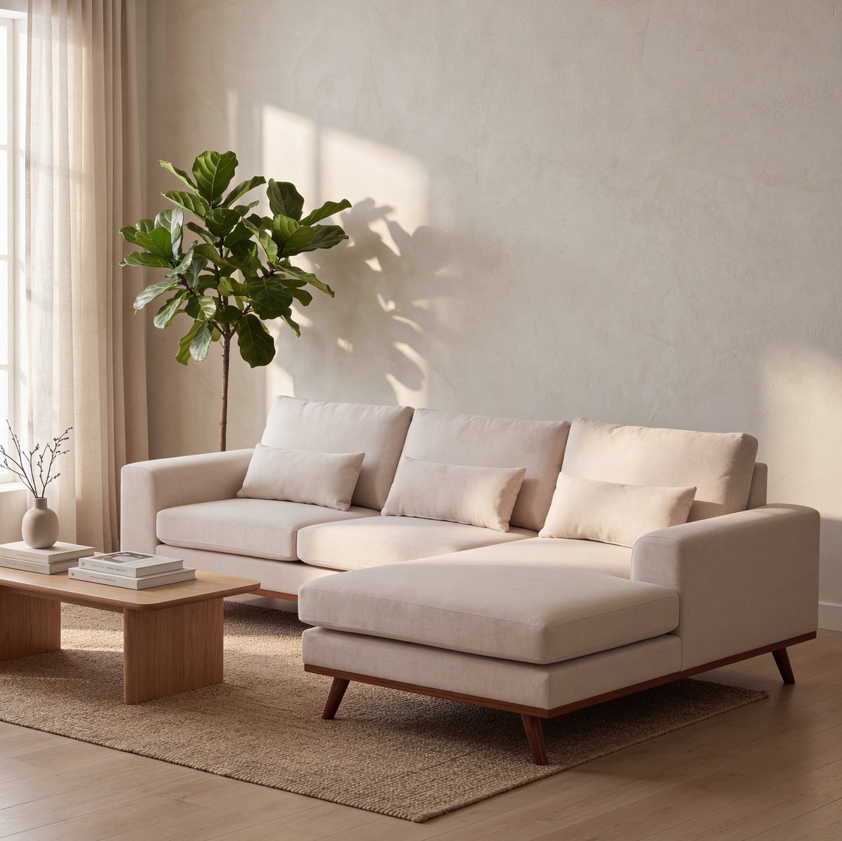 Giga Meubel Chaise Longue Bank Grande Beige – Rechts – 3-Zits – Japandi – Stof – 283x160x85 cm
