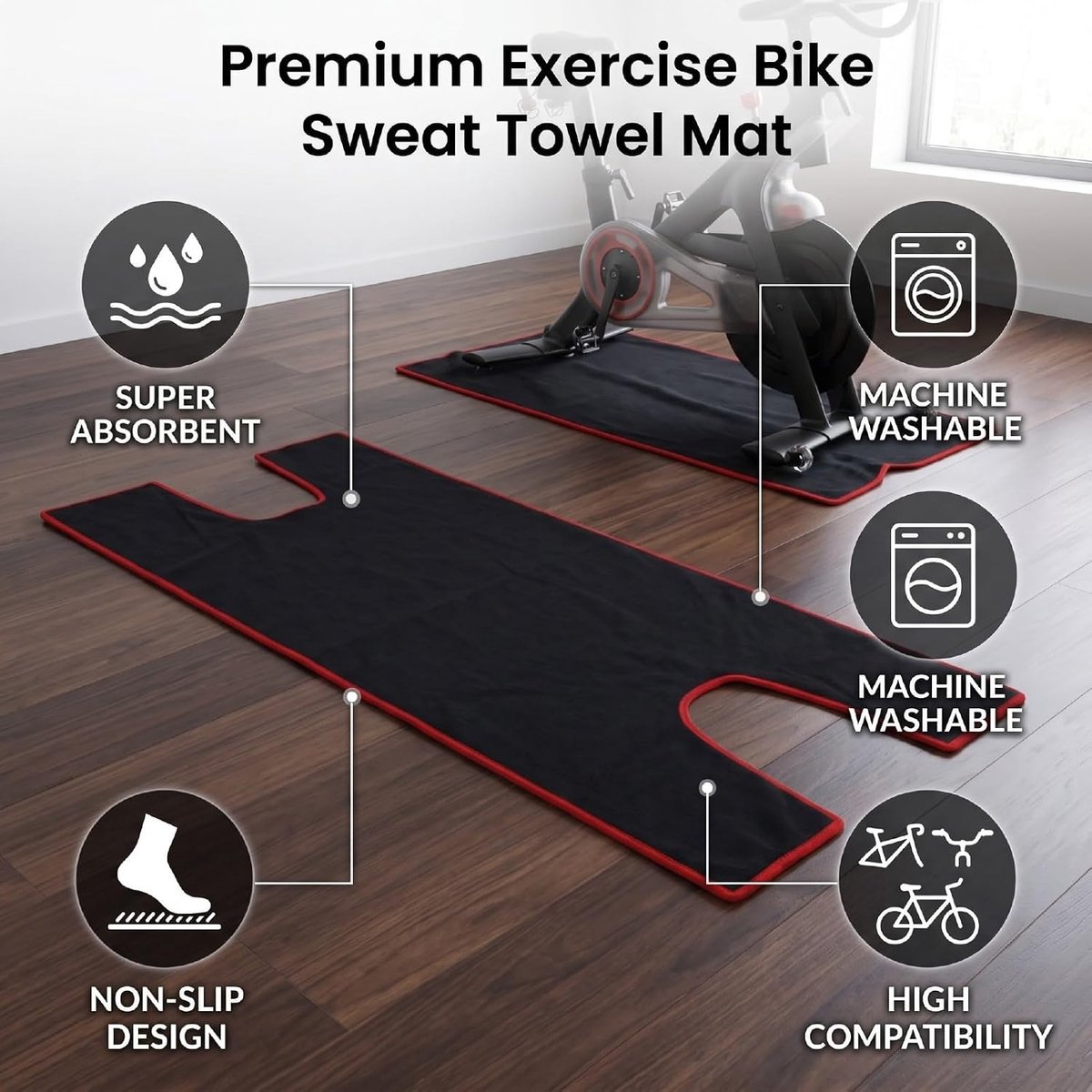 Hometrainer Zweetmat - Fietsmat Wasbaar - Binnen Fietsen - Superabsorberend Ontwerp - 140x68cm - Zwart
