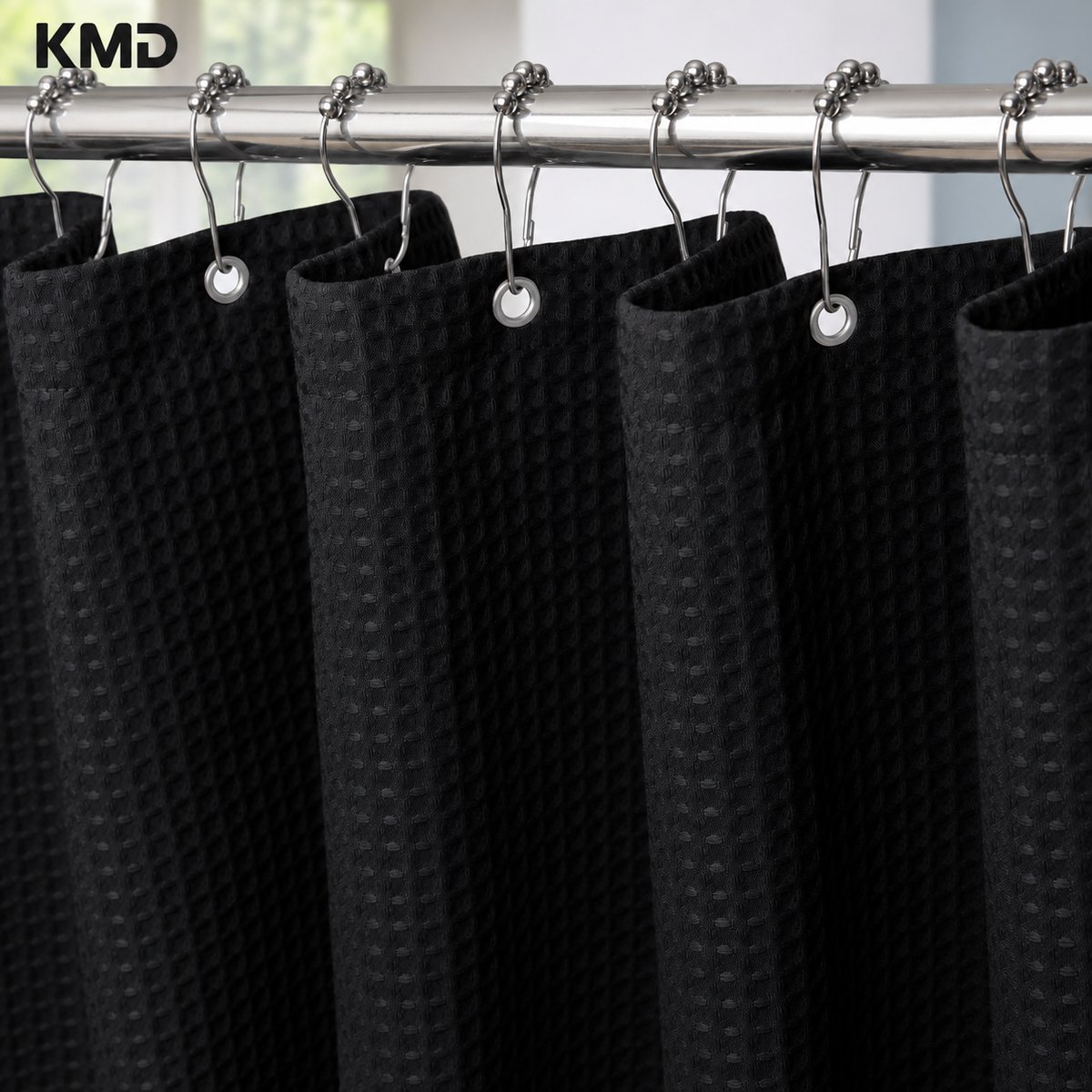 KMD Douchegordijn Wafelstof Waterdicht Zwart 182 x 214 cm - Inclusief Metalen Ringen