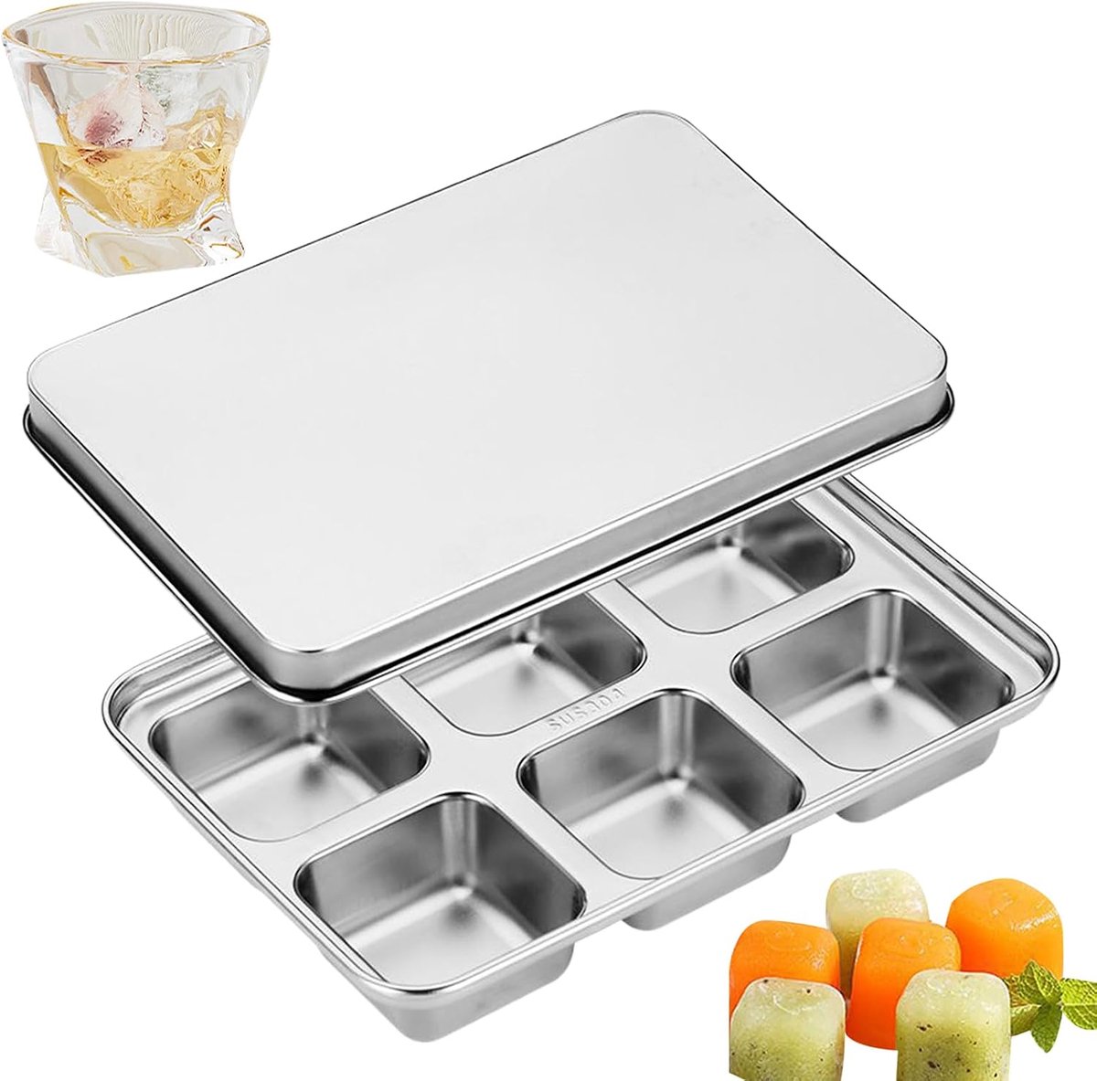 IJsblokjesmaker Roestvrijstaal - IJsschalen Deksel - Dranken Koelen - Langzaam Smeltende Blokjes - 20x15x6 cm - Zilver