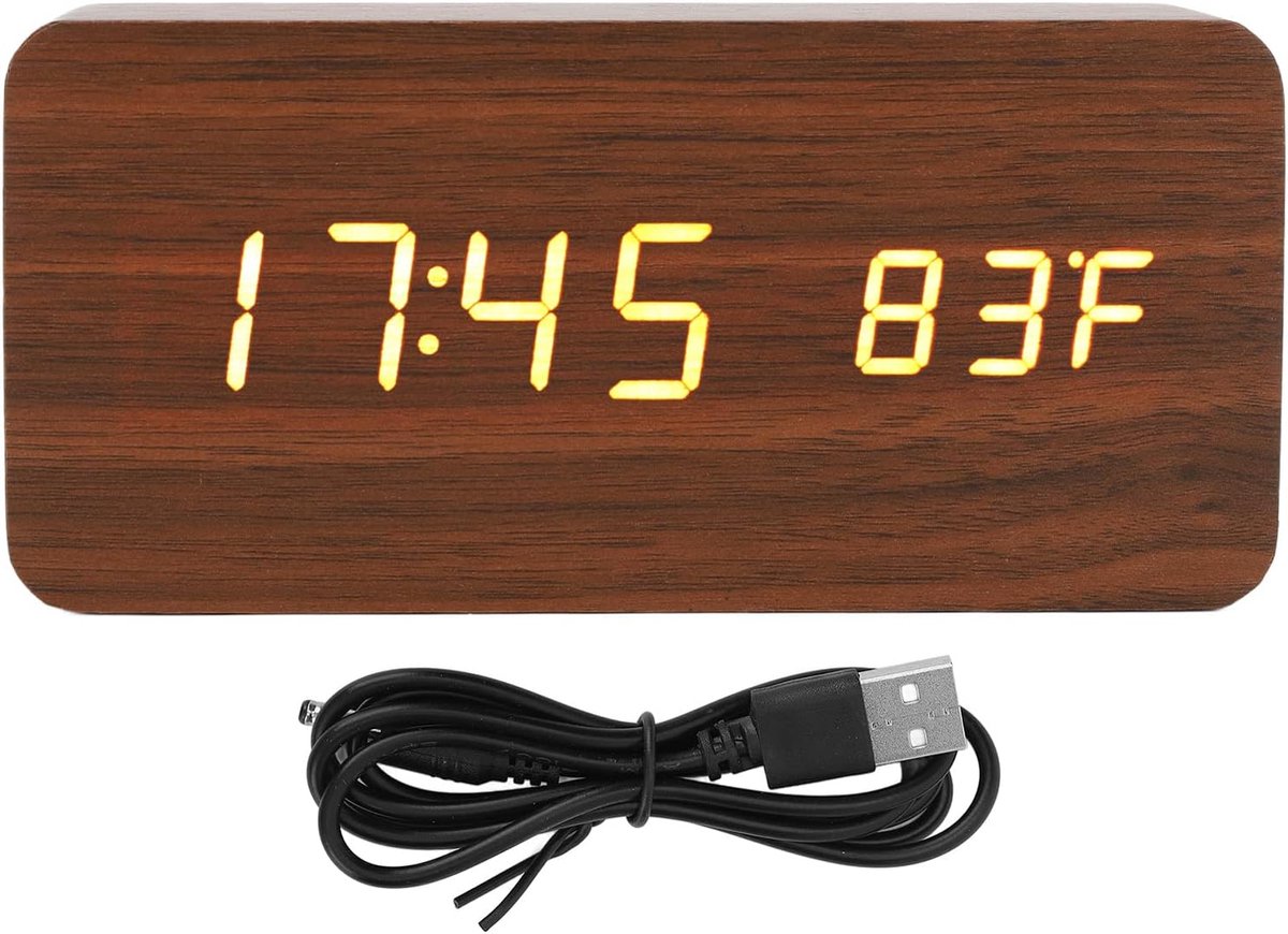 Digitale Houten Wekker - LED Klok Bureauklok - Tijd Weergeven - Getextureerd Breedbeeldscherm - 10 x 6 cm - Bruin