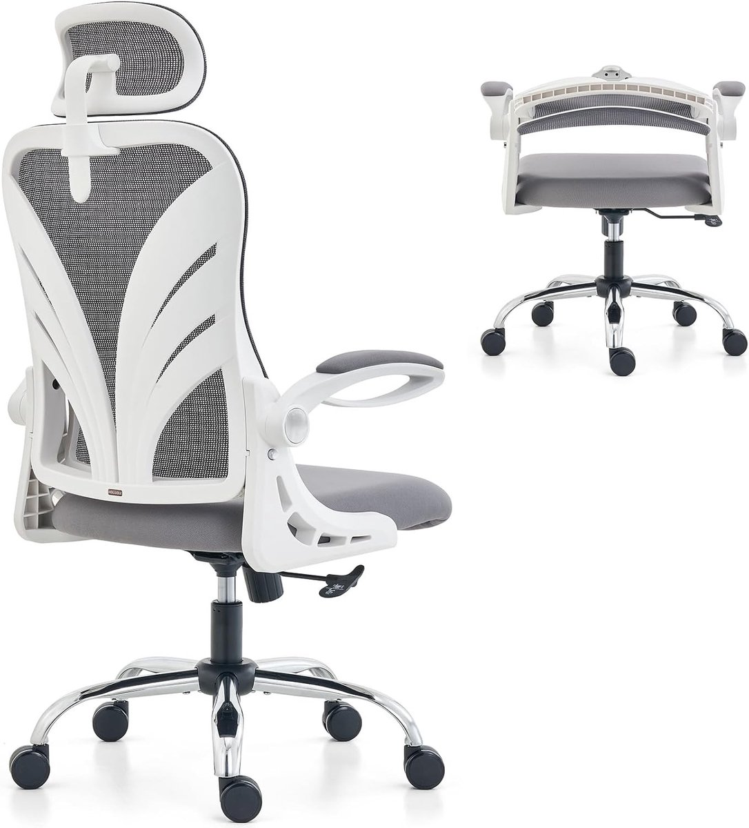 Ergonomische Bureaustoel - Wit - Inklapbare Rugleuning - Mesh Lendensteun - Voor Thuis en Kantoor