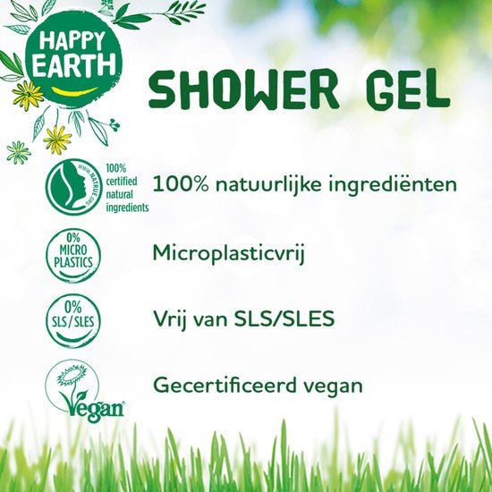 Happy Earth Shower Gel: 100% natuurlijke ingrediënten, microplasticvrij, vrij van SLS/SLES en gecertificeerd vegan.