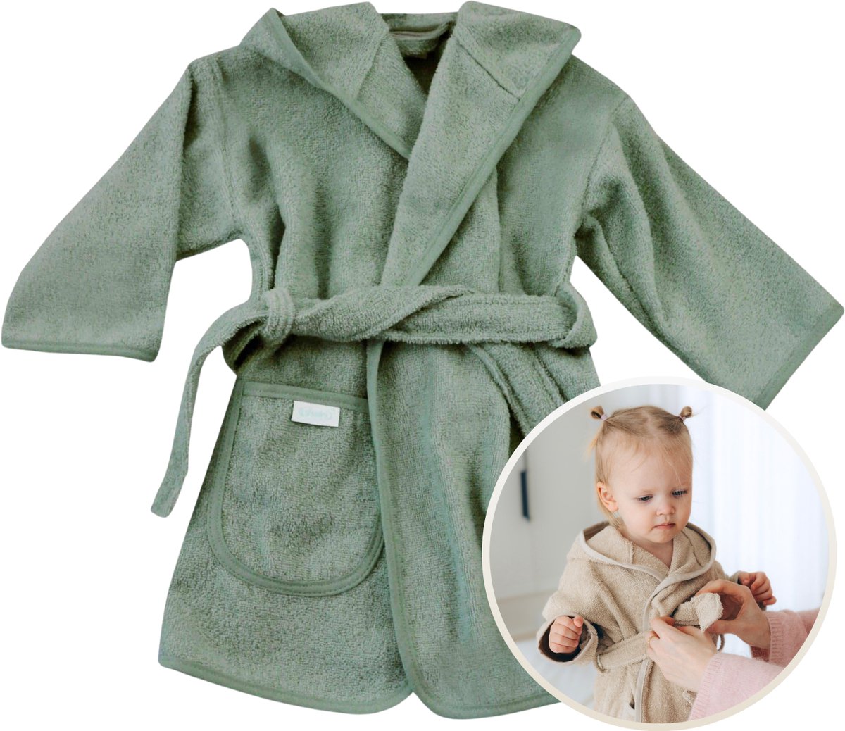 Funnies Badjas Stone Green 0-12 Maanden Baby Badjas, Badjas Kinderen, Peuterbadjas - 100% Katoenen Badstof - Zacht en Absorberend - Perfect na Zwemmen, Douchen of Badderen - Ideaal als Cadeau voor Baby’s en Kinderen