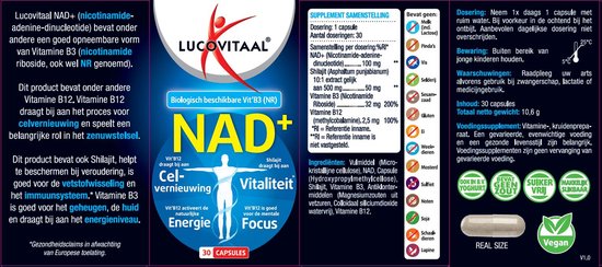 Lucovitaal NAD+ capsule met tekst over ingrediënten, voordelen voor celvernieuwing, vitaliteit, energie en focus.