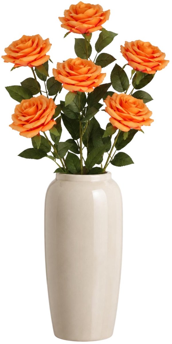 Bellatio Design Kunstbloem Roos Dijon - 6x - 64 cm - perzik oranje - zijde kunstbloemen - Boeket - stelen - rozen