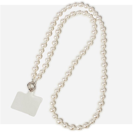 Cordon de téléphone blanc en perles avec fermoir argenté et attache de téléphone transparente.