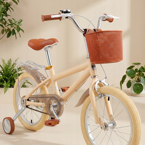 16 Inch Vintage Kinderfiets Beige - Met Zijwieltjes, Mandje, Dubbele Remmen - Verstelbaar Zadel (58-68 cm) - Stevig Stalen Frame - Geschikt voor 5-9 Jaar, Jongens & Meisjes — afbeelding 2