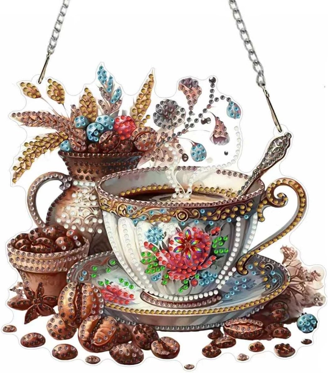 Koffie diamant deurbordje voor wanddecoratie, diamond painting hanger voor koffieliefhebbers, stijlvolle ingang en raamdecoratie