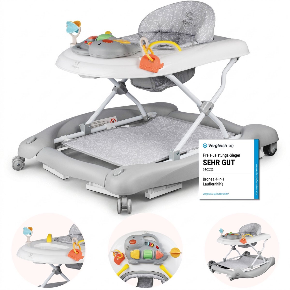 BRONEA® 5-in-1 Loopstoeltje voor baby's | Babywalker met schommelfunctie, muziek & licht | Afneembaar speelpaneel | Loopstoel in hoogte verstelbaar & inklapbaar