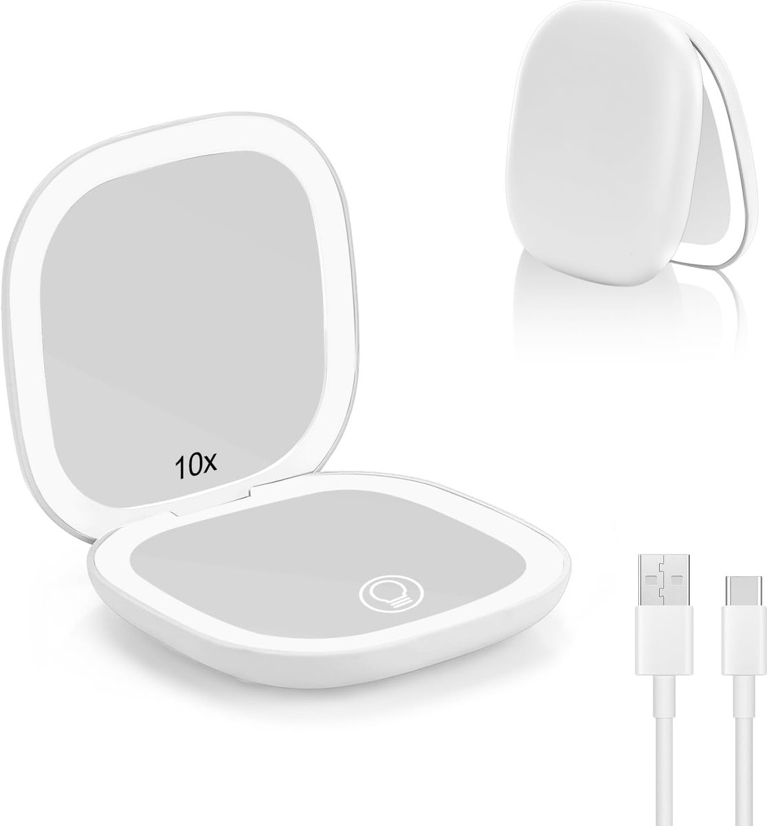 SnelShoppen - Collazoey LED Zakspiegel 1X/10X Vergroting USB Oplaadbaar met 3 Instelbare Verlichting, Inklapbare Draagbare Handspiegel in Wit voor Rei
