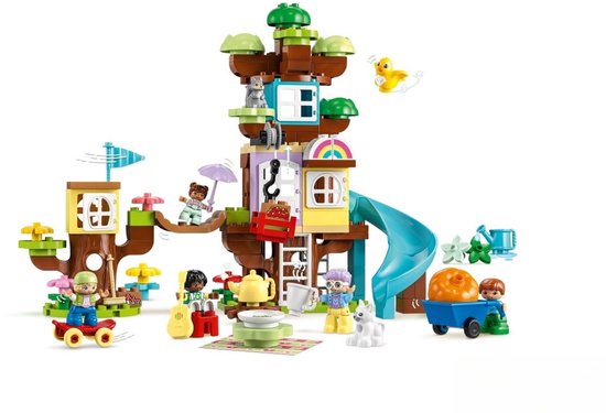 LEGO Duplo 3-in-1 boomhut speelgoedset met glijbaan, figuren en diertjes.