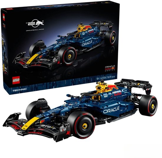 Lego Technic Oracle Red Bull Racing RB20 Formule 1 auto, met de doos ernaast.
