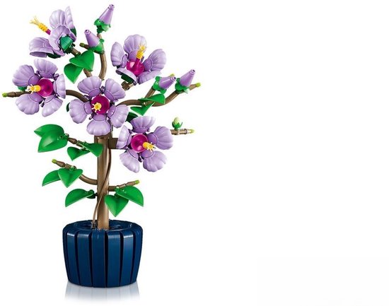 Paarse LEGO hibiscussen in een donkerblauwe pot.