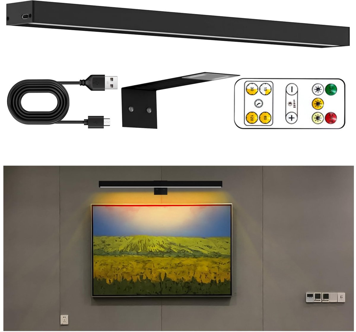 SnelShoppen - Draadloze Fotolamp, Magnetische Muur Lamp met Timer en Afstandsbediening, Traploos Dimbare Schilderij Lichtbalk voor Kunstwerk en Badkam