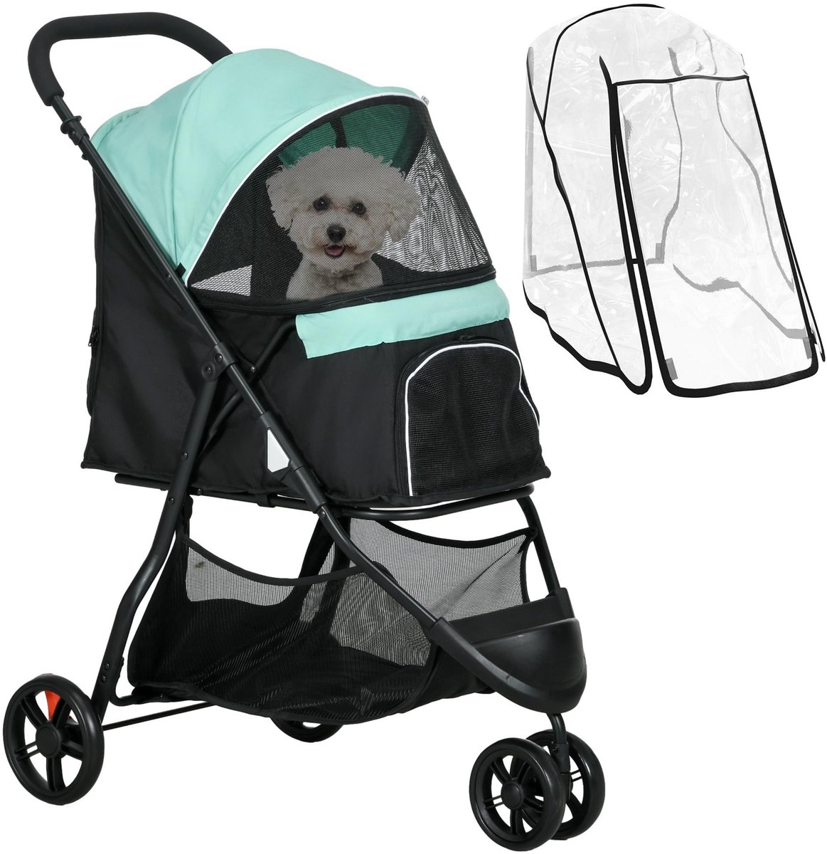 Hondenbuggy – Dierenwagen met Regenhoes voor Kleine Honden & Katten – Lichtgroen