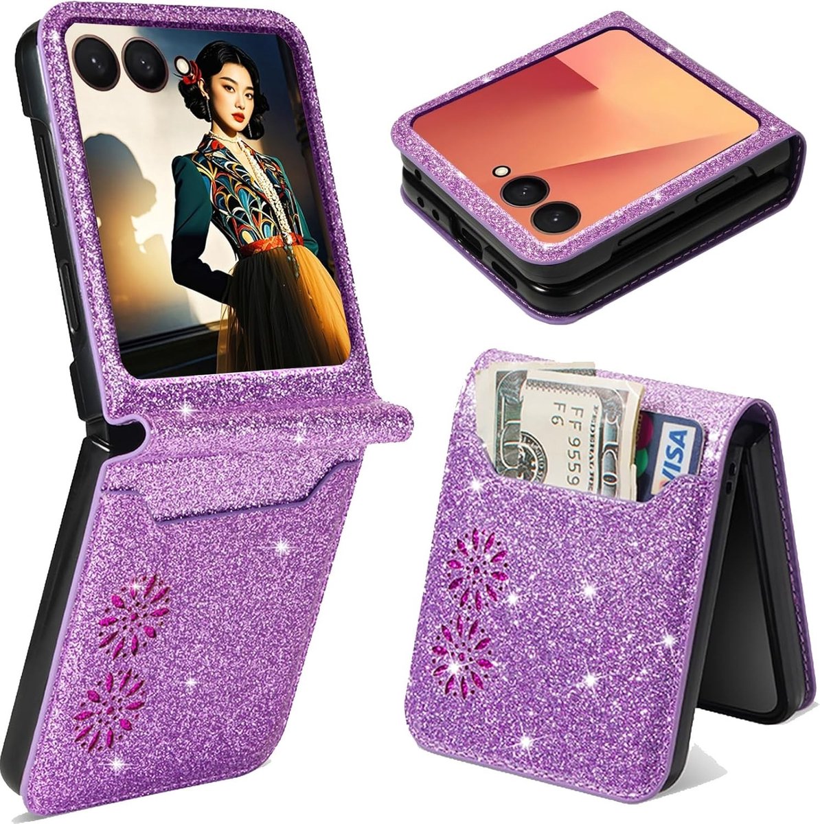 Glitter Wallet Beschermhoes voor Samsung Galaxy Z Flip 7, Bling PU Lederen Case met Kaarthouder en Ritsvak, Shockproof Design voor Vrouwen, Paars
