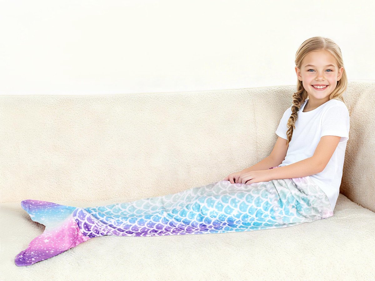 SnelShoppen - Draagbare Zeemeerminnendeken voor Meisjes, Glow in the Dark, 140 x 50 cm, Zeemeerminstaart, Perfect voor Feestjes, Kamperen en Thuisgebr