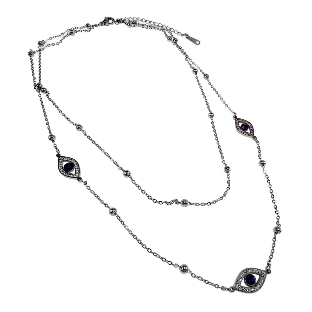 Dubbele Damesketting met Blauwe Boze Oog Bedels, Roestvrij Staal - Verstelbaar 40-45 cm