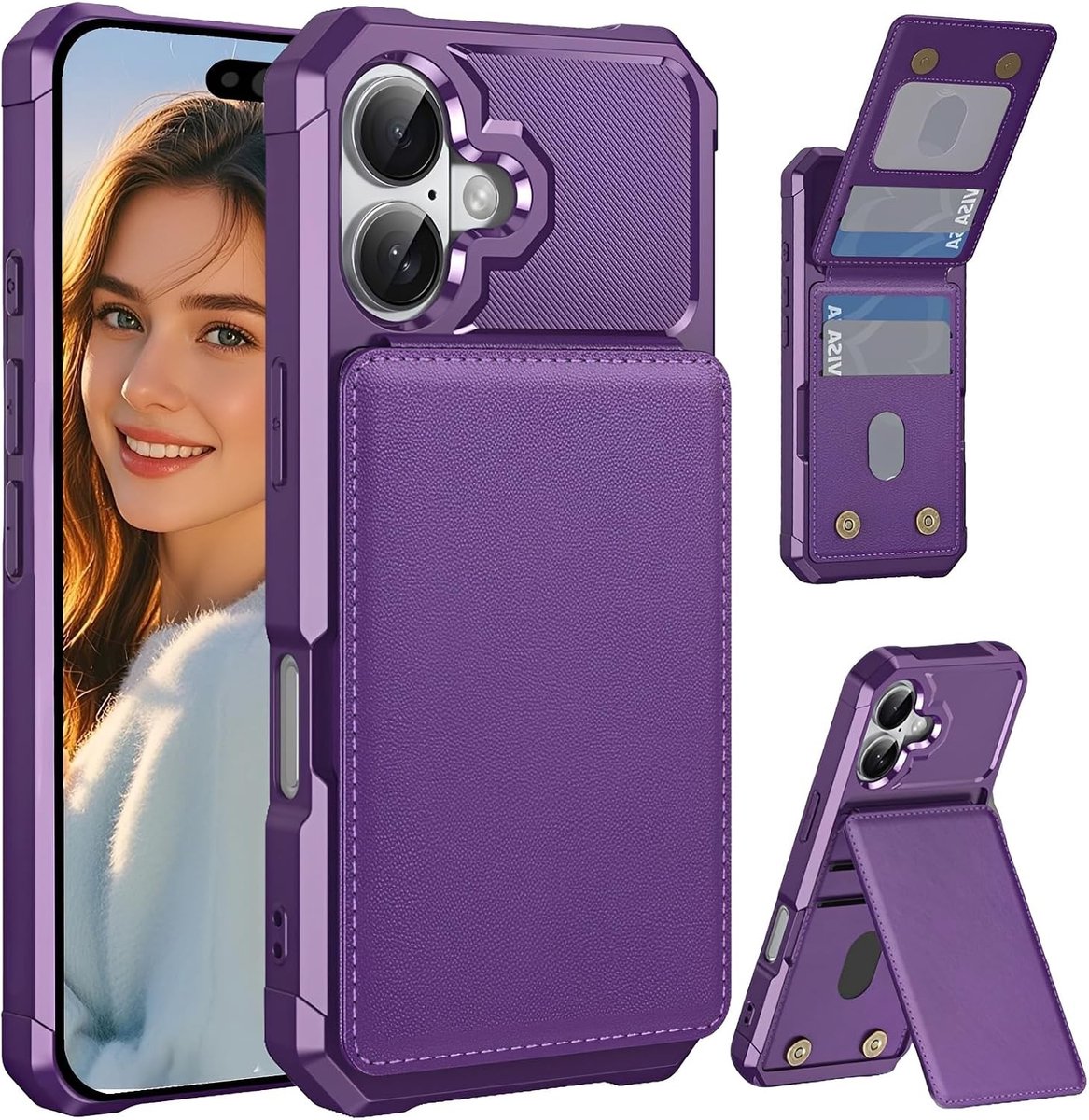 Hoogwaardige schokbestendige hoes voor iPhone 17 met kaarthouder en kickstand, anti-kras wallet case in paars