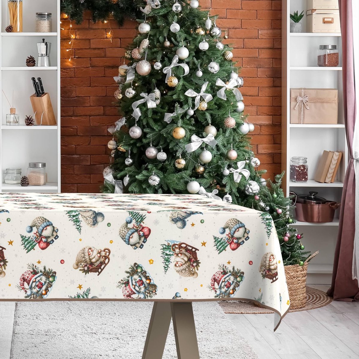 ANRO Tafelkleed Kerstman Groen 180x140cm Met sierband Afwasbaar Waterafstotend Binnen & Buiten