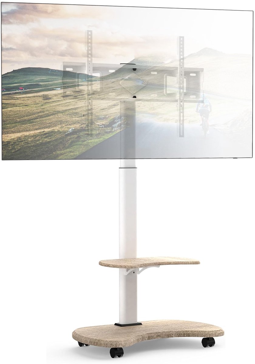 SnelShoppen - Oprolbare TV-standaard met Houten Plank - Verstelbaar, Zwenkbaar, 32-70 inch, Tot 45 kg, Universele TV-rolwagen met Wielen, Max. VESA 60