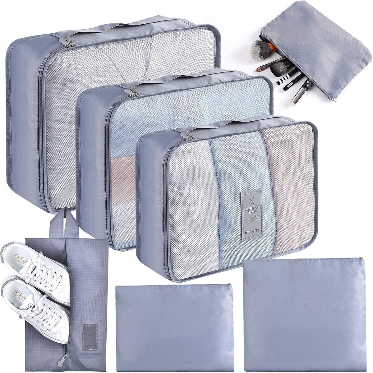 SnelShoppen - AiQInu Opbergkoffer Set van 7 Stuks, Waterdicht Reis-Organizer, Kubus Organizer voor Schoenen, Bagage en Tassen in Donkergrijs