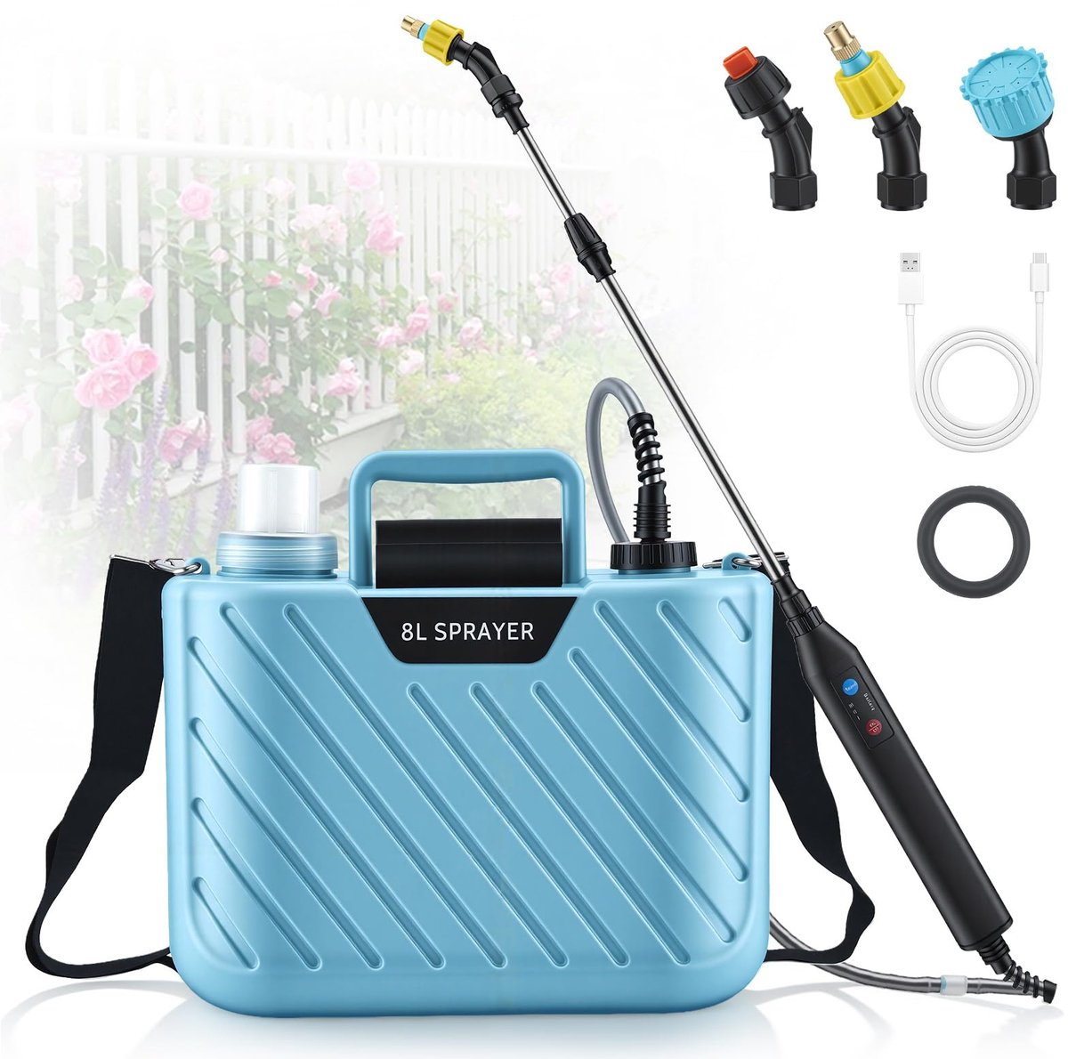 SnelShoppen - Eirolace Druksproeier 8L, Elektrische Plantensproeier met 3 Sproeiers, Telescoopstang, USB-oplaadbaar Handvat, Ideaal voor Tuin, Onkruid