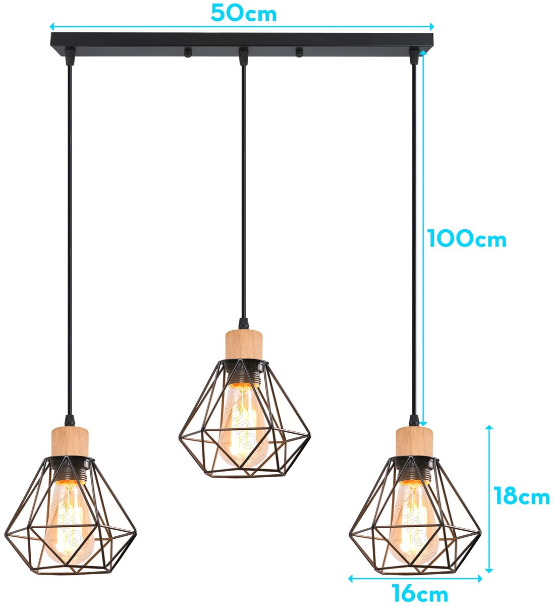 SnelShoppen - 3 Hanglampen Industrieel Kroonluchter Kooistijl Geometrisch E27 Vintage Plafondlampen Metaal Hout Zwart Ø 16 cm voor Woonkamer Keuken Ee
