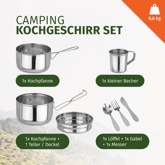 Moritz Camping Kookset 7-delig RVS - Kampeerservies met 2 Pannen, Bord, Beker en Bestek - Stapelbaar en Lichtgewicht voor Kamperen, Wandelen, Trekking en Picknick — afbeelding 2