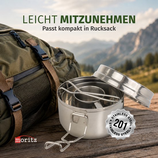Moritz Camping Kookset 7-delig RVS - Kampeerservies met 2 Pannen, Bord, Beker en Bestek - Stapelbaar en Lichtgewicht voor Kamperen, Wandelen, Trekking en Picknick — afbeelding 4