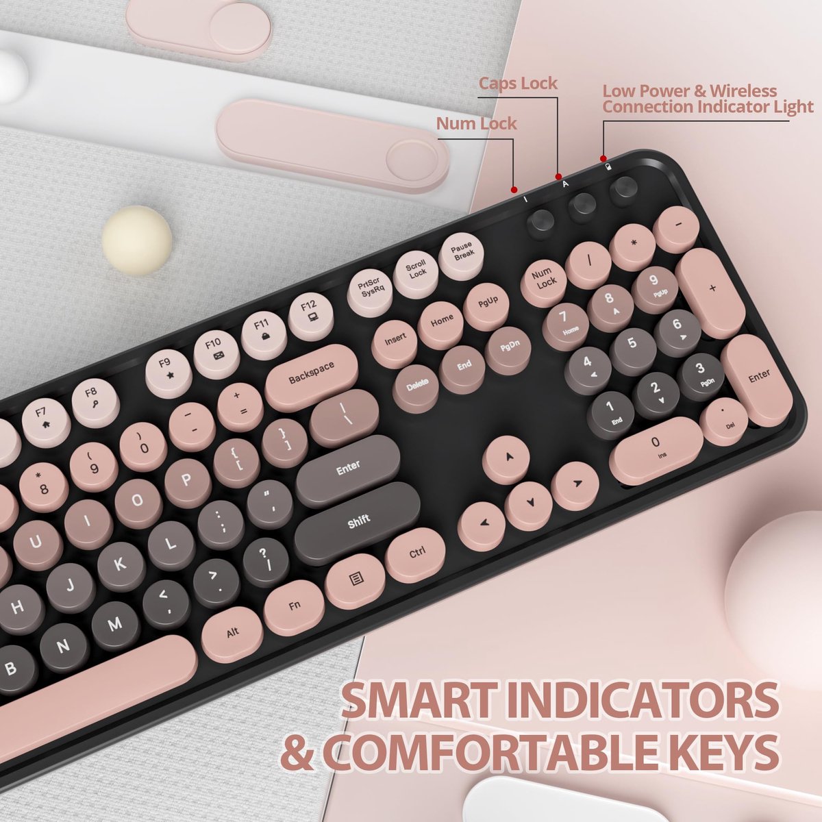 SnelShoppen - Draadloos Toetsenbord en Muis Set, Retro Typemachine Toetsenbord met Ronde Toetsen, 2.4GHz Ergonomisch met Numeriek Keypad, 104-Toetsen thumbnail 3
