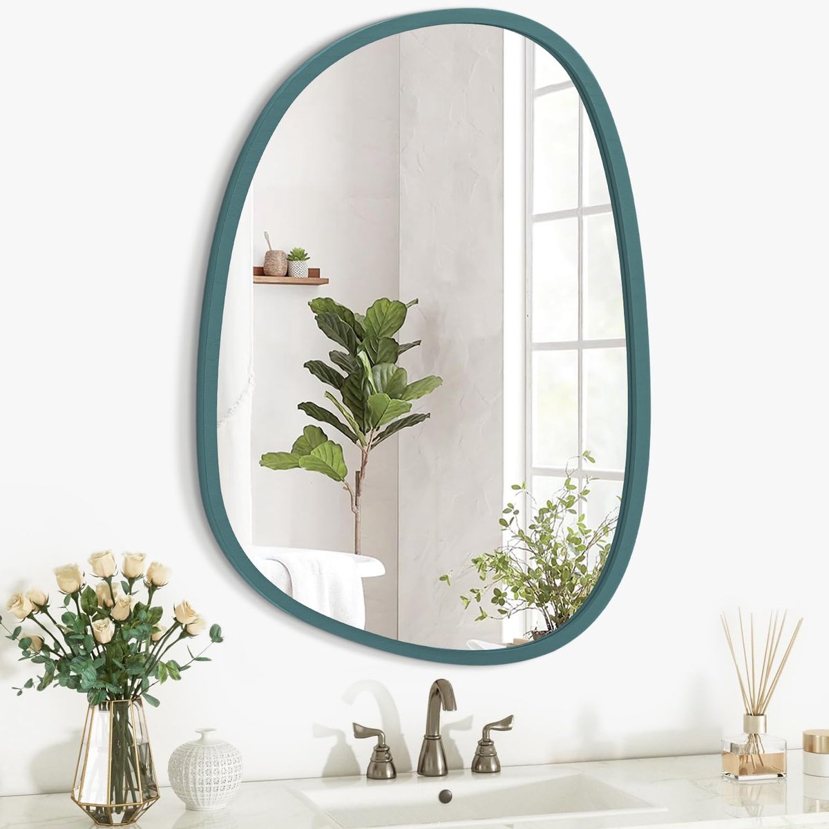 SnelShoppen - Asymmetrische Wandspiegel Ovaal met Houten Lijst, Modern en Artistiek, Golvende Decoratieve Spiegel voor Woonkamer, Slaapkamer, Badkamer