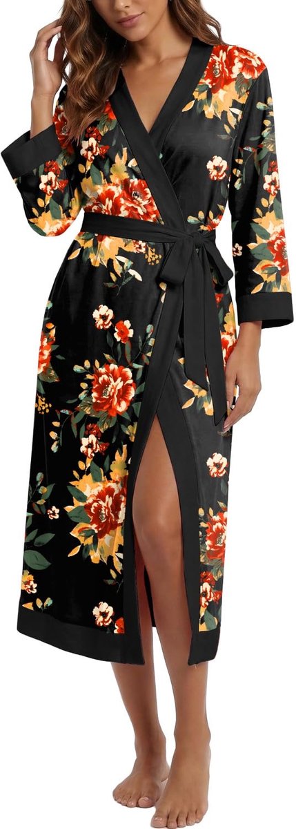 SnelShoppen - Badjas Dames Lang met 3/4 Mouwen, Lichte V-hals Kimono Robe Nachtkleding XXL, Zacht Katoen, Ideaal voor Thuis, Wellness en Relaxmomenten